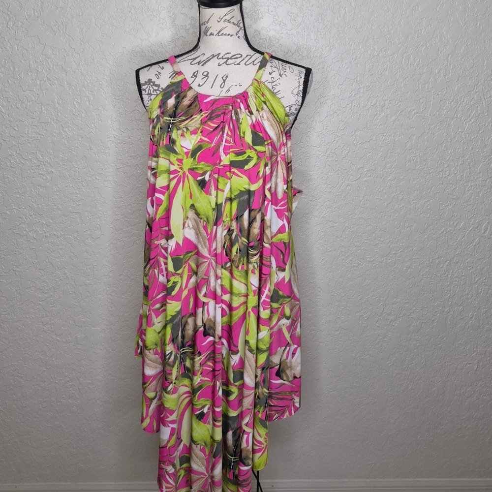 Cato Pink Green Tropical Floral Asymmetrical Handkerchief Hem Tank Top 22/24W
